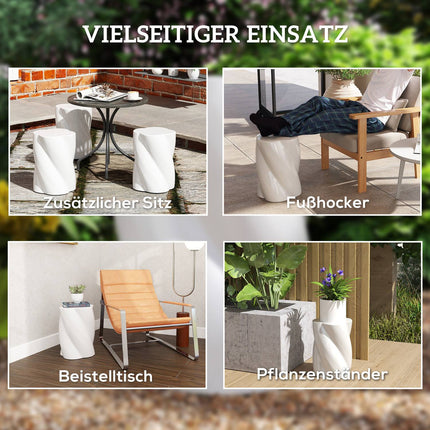 Kruk van keramiek in spiraalvorm, draagvermogen 120 kg, diameter 33 x 45 cm, weerbestendige tuinkruk met deksel, bloemenkruk, voetenbank voor buiten kamperen, tuin, terras, balkon, wit