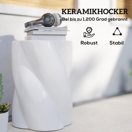 Kruk van keramiek in spiraalvorm, draagvermogen 120 kg, diameter 33 x 45 cm, weerbestendige tuinkruk met deksel, bloemenkruk, voetenbank voor buiten kamperen, tuin, terras, balkon, wit