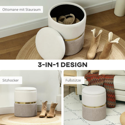 Hocker mit Stauraum Hocker mit Deckel, Metallring, zweifarbiges Design 36 x 36 x 44 cm Cremeweiß