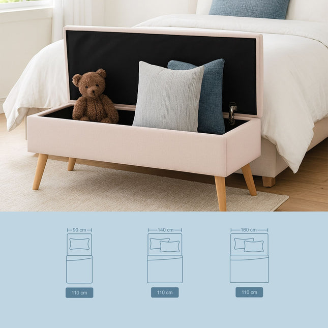 Storage Bench with Linen Upholstery, Wooden Legs