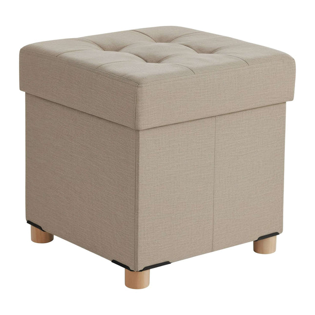 Storage Cube Stool with Upholstered Seat and Wooden Legs