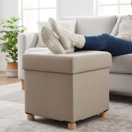 Storage Cube Stool with Upholstered Seat and Wooden Legs