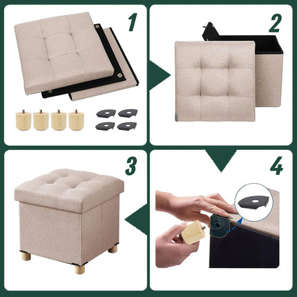 Storage Cube Stool with Upholstered Seat and Wooden Legs