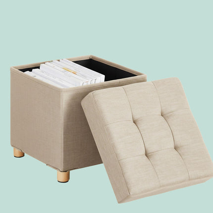 Storage Cube Stool with Upholstered Seat and Wooden Legs