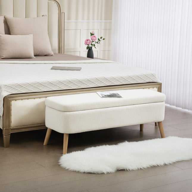 Sitzhocker mit Stauraum, 65L, Fleece, Gummibaumholz, 120x42x45 cm, Creme