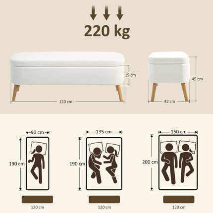 Sitzhocker mit Stauraum, 65L, Fleece, Gummibaumholz, 120x42x45 cm, Creme