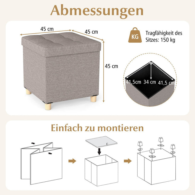 Aufbewahrungshocker aus Leinenstoff, 53,5 l, Grau, 45x45x45 cm