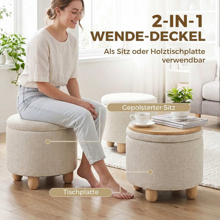 Storage Ottoman with Reversible Lid, Beige Linen, 38.5x33.5 cm