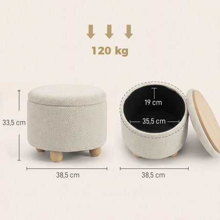 Storage Ottoman with Reversible Lid, Beige Linen, 38.5x33.5 cm