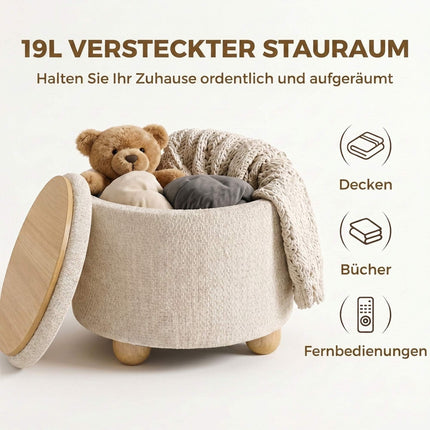 Storage Ottoman with Reversible Lid, Beige Linen, 38.5x33.5 cm