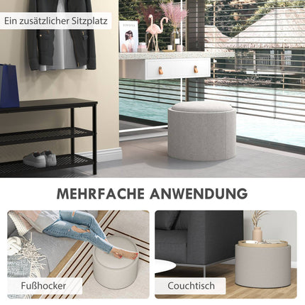 Aufbewahrungshocker mit Tablett, Hellgrau, Leinen-Optik, 56x56x42 cm