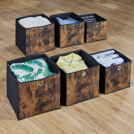 Storage box in fabric with a wooden look, 6-pack