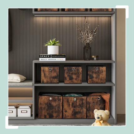 Storage box in fabric with a wooden look, 6-pack