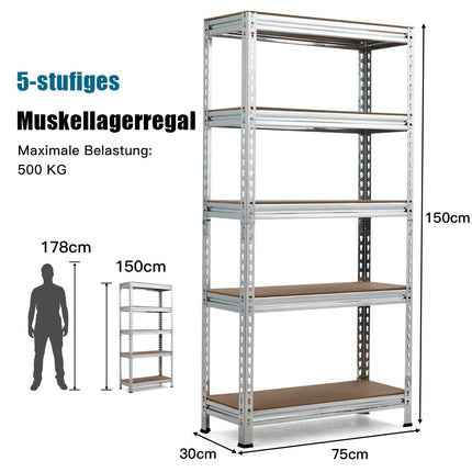 Storage rack with 5 adjustable shelves, heavy-duty rack, load capacity up to 500 kg, 150 x 75 x 30 cm