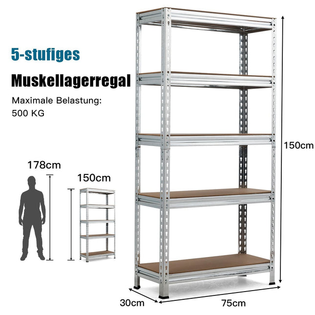 Lagerregal mit 5 verstellbaren Böden, Schwerlastregal, Tragkraft bis 500 kg, 150 x 75 x 30 cm