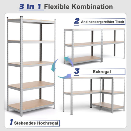 Storage shelf, heavy-duty shelf, plug-in shelf, metal shelf, 5 levels, workshop shelf, 91 x 46 x 183 cm, silver
