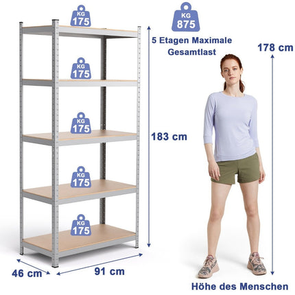Storage shelf, heavy-duty shelf, plug-in shelf, metal shelf, 5 levels, workshop shelf, 91 x 46 x 183 cm, silver