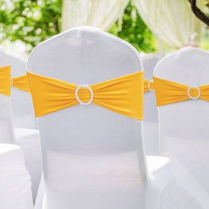 Stretch Spandex Chair Sashes With Round Buckle, 100-Pack, Gold Yellow