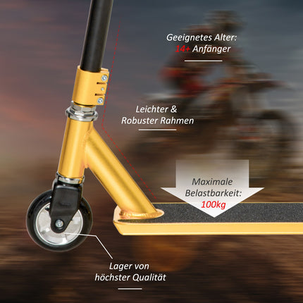 Kick Stunt Scooter, 360°-Lenkung, Gummigriff, Gold