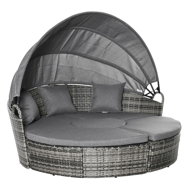 Rattan-Lounge-Set mit Überdachung, Kissen und Tisch, grau