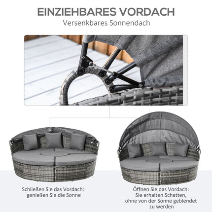 Rattan-Lounge-Set mit Überdachung, Kissen und Tisch, grau