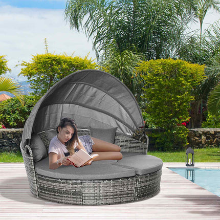Rattan-Lounge-Set mit Überdachung, Kissen und Tisch, grau