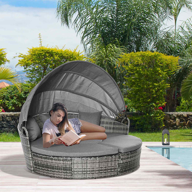 Rattan-Lounge-Set mit Überdachung, Kissen und Tisch, grau