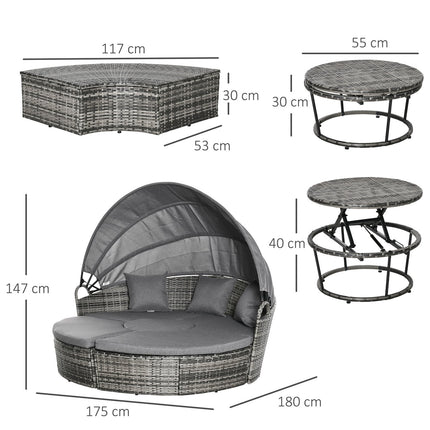Rattan-Lounge-Set mit Überdachung, Kissen und Tisch, grau