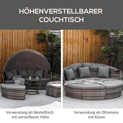 Rattan-Lounge-Set mit Überdachung, Kissen und Tisch, grau