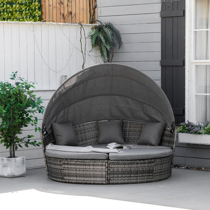 Rattan-Lounge-Set mit Überdachung, Kissen und Tisch, grau