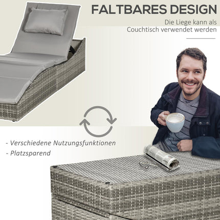 Verstellbare Sonnenliege aus Polyrattan mit Kissen, klappbares 2-in-1-Design