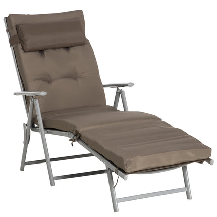 Adjustable folding sun lounger with cushion, brown/silver