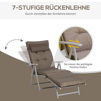 Adjustable folding sun lounger with cushion, brown/silver