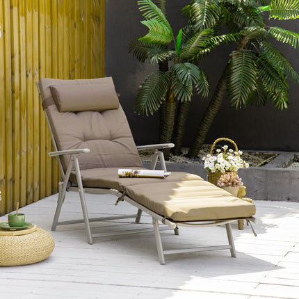 Adjustable folding sun lounger with cushion, brown/silver
