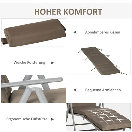 Adjustable folding sun lounger with cushion, brown/silver
