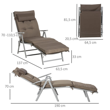 Adjustable folding sun lounger with cushion, brown/silver
