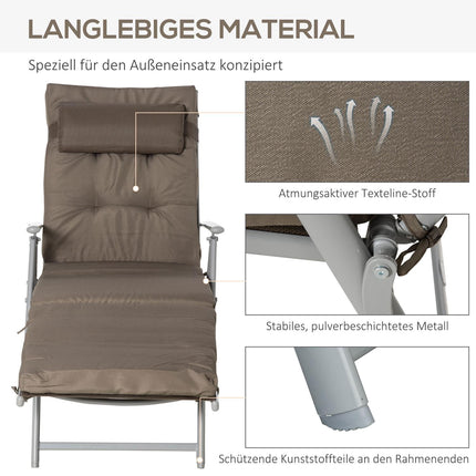 Adjustable folding sun lounger with cushion, brown/silver