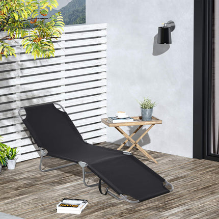 Folding camping sun lounger with adjustable backrest, black