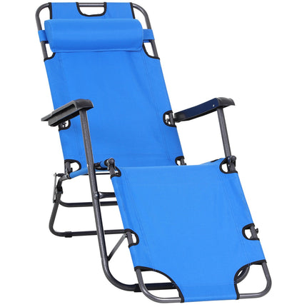 Chaise longue de plage pliable à 2 niveaux, coussin, chaise longue de jardin, métal bleu, tissu Oxford, 135 x 60 x 89 cm