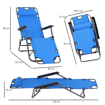 Chaise longue de plage pliable à 2 niveaux, coussin, chaise longue de jardin, métal bleu, tissu Oxford, 135 x 60 x 89 cm