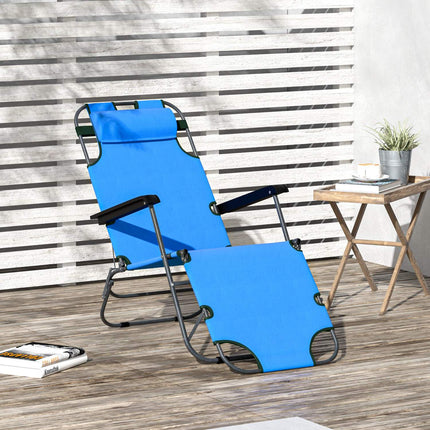 Chaise longue de plage pliable à 2 niveaux, coussin, chaise longue de jardin, métal bleu, tissu Oxford, 135 x 60 x 89 cm