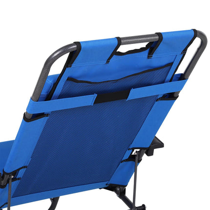 Chaise longue de plage pliable à 2 niveaux, coussin, chaise longue de jardin, métal bleu, tissu Oxford, 135 x 60 x 89 cm