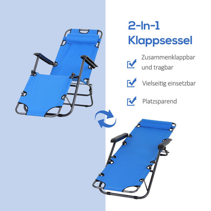 Chaise longue de plage pliable à 2 niveaux, coussin, chaise longue de jardin, métal bleu, tissu Oxford, 135 x 60 x 89 cm