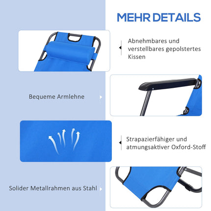 Chaise longue de plage pliable à 2 niveaux, coussin, chaise longue de jardin, métal bleu, tissu Oxford, 135 x 60 x 89 cm