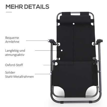 Klappbare Sonnenliege mit Kissen, schwarzes Metall & Oxford-Gewebe