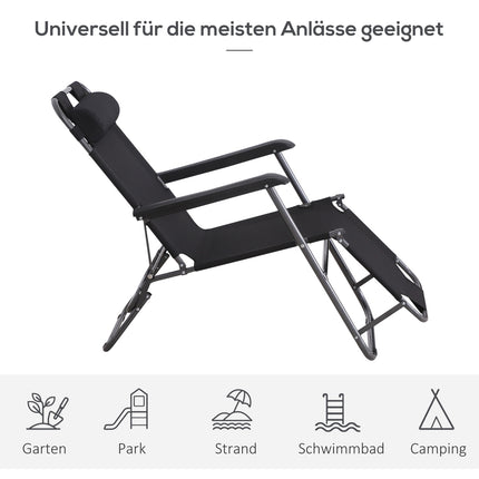 Klappbare Sonnenliege mit Kissen, schwarzes Metall & Oxford-Gewebe