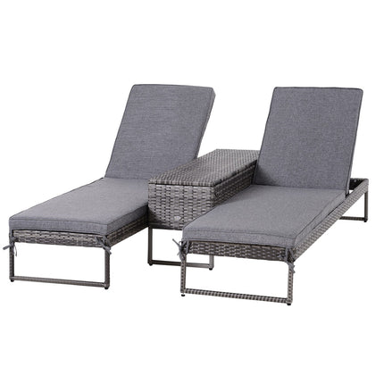Ligstoel Tuinligstoel 3-Delig. Set Met Verstelbare Rugleuning Bijzettafelbekleding Metaal + Pe Rotan + Polyester Grijs 195 X 60 X 86 Cm