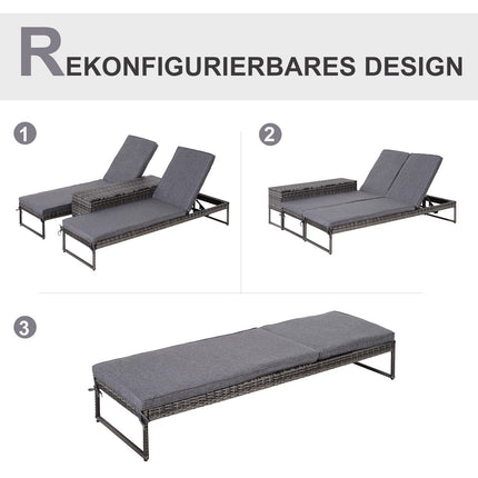 Ligstoel Tuinligstoel 3-Delig. Set Met Verstelbare Rugleuning Bijzettafelbekleding Metaal + Pe Rotan + Polyester Grijs 195 X 60 X 86 Cm