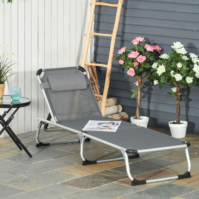 Verstellbare Sonnenliege aus grauem Mesh, klappbar und ergonomisch