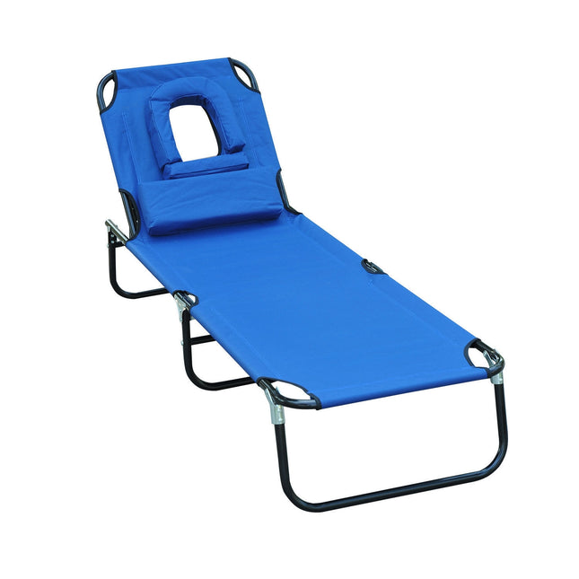 Blaue Gartenliege mit Gesichtsöffnung zum Entspannen
